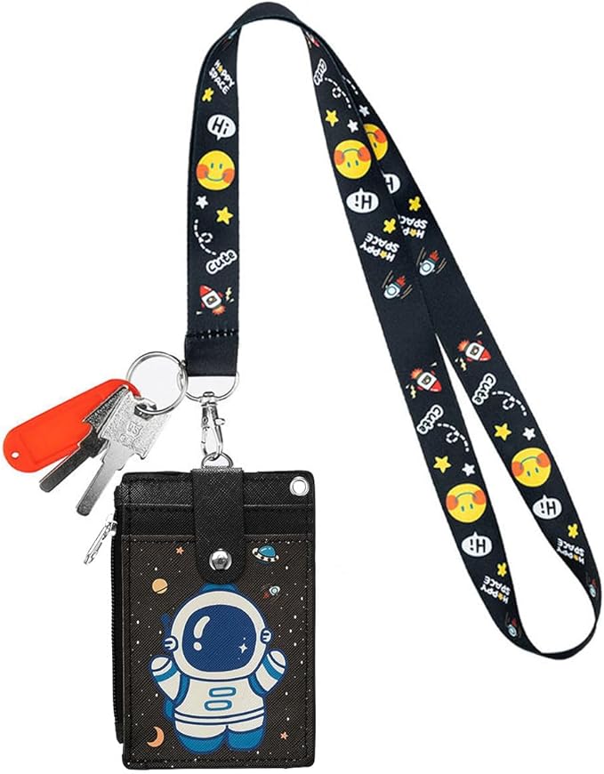 HASFINE ID Badge Holder with Lanyard,Cute Astronaut Work Badge with Zippered Pocket,Functional 2-Sided ID Card Wallet with 3 Slots and Detachable Keychain for Teacher Student Nurse and Office Staff