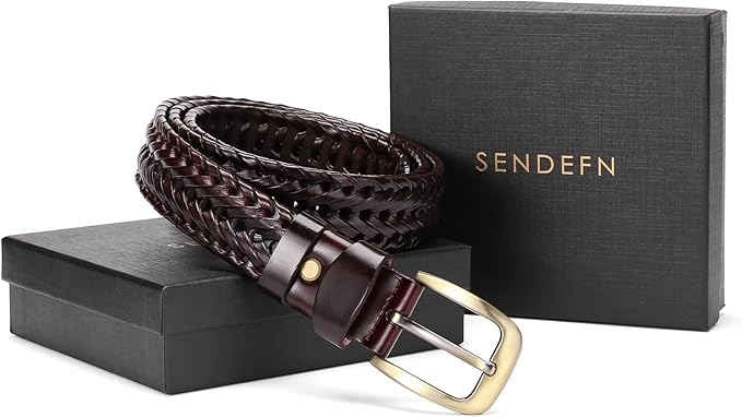 SENDEFN Leather Braided Belts for Men, 1 3/8" Casual Woven Leather Belt for Men Jeans Golf Dress Pants with Gift Box