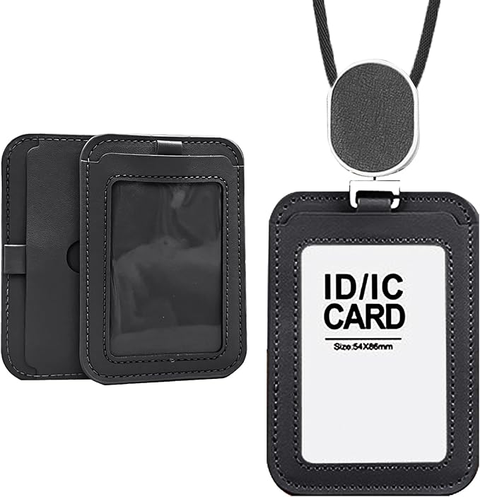 Larpur Retractable Badge Holder, PU Leather Work ID Card Holder Case for School Office, Key Card Credit Card Holders with Badge Reel Detachable Lanyard (Black)