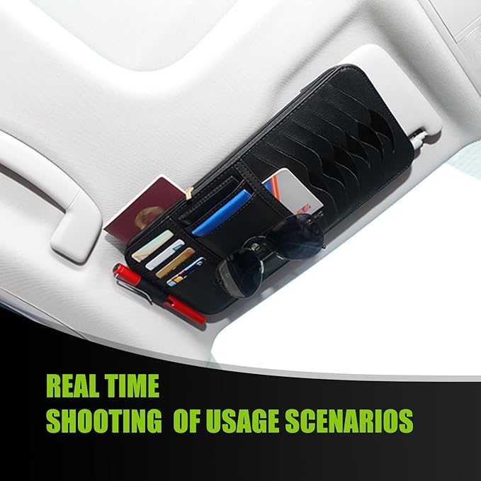 Car Sun Visor CD Bag, Multi-Function Multi-Pocket Leather CD Storage Holder with Sunglasses Pen Space, One-Hand Grab and Go Portable Organizer, Universal for Cars Accessory, Black