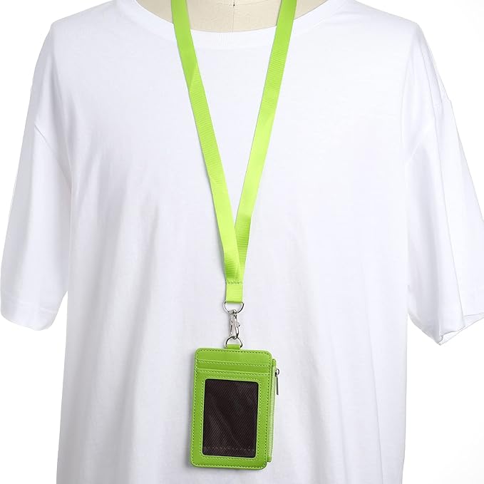 MECCANIXITY ID Badge Holders with Lanyard, Vertical PU Leather 5 Card Slots Zipper Portable Wallet Clear Window for Office, Green