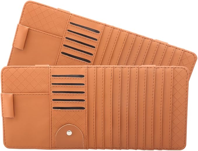 Multi-Functional Sun Visor Organizer Bag for Car Premium Leather Cd Holder with Storage for Pens Cards and Booklets Stylish Convenient and Safe Accessory Brown