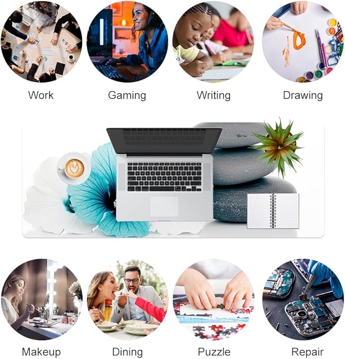 QiyI Desk Pad, Non-Slip PU Leather Desk Blotter Protector, Kids Floral Print Waterproof Computer Desk Mat, Thick Home & Office Large Keyboard Mouse Pad 31.5" x 11.8" - Pebbles & Blue White Flowers