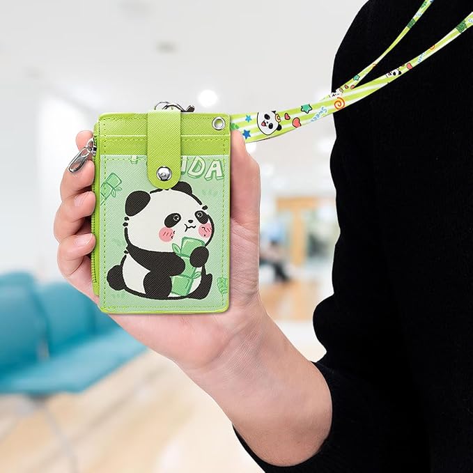 HASFINE ID Badge Holder with Lanyard,Cute Panda Work Badge with Zipper Pocket, 2-Sided Functional Card Wallet with 3 Card Slots and Detachable Keychain for Teacher Student Nurse Worker (Green)