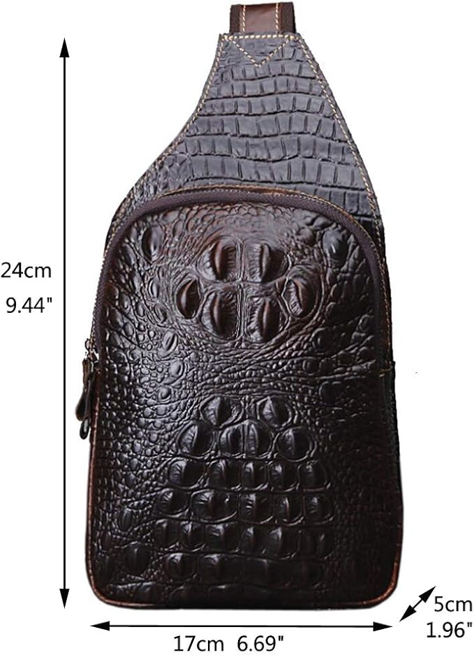 Hebetag Crocodile Genuine Leather Sling Bag Crossbody Backpack for Men Women Travel Outdoor Hiking Camping Shoulder Chest Pack Casual Pouch Daypack Coffee