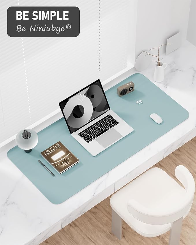 Desk Pad, 30" x 14" PU Leather Non-Slip Desk Mat Large Mouse Pad for Desktop, Waterproof Laptop Computer Writing Mat for Office, Home, Work, Gaming, Lake Blue