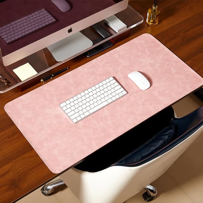 Distressed Leather Desk Mat - Non-Slip PU Leather Desk Pad Protector - Large Waterproof Mouse Pad Computer Keyboard Desk Mat Desk Accessories for Office & Home (Pink, 31.5"x 15.7")