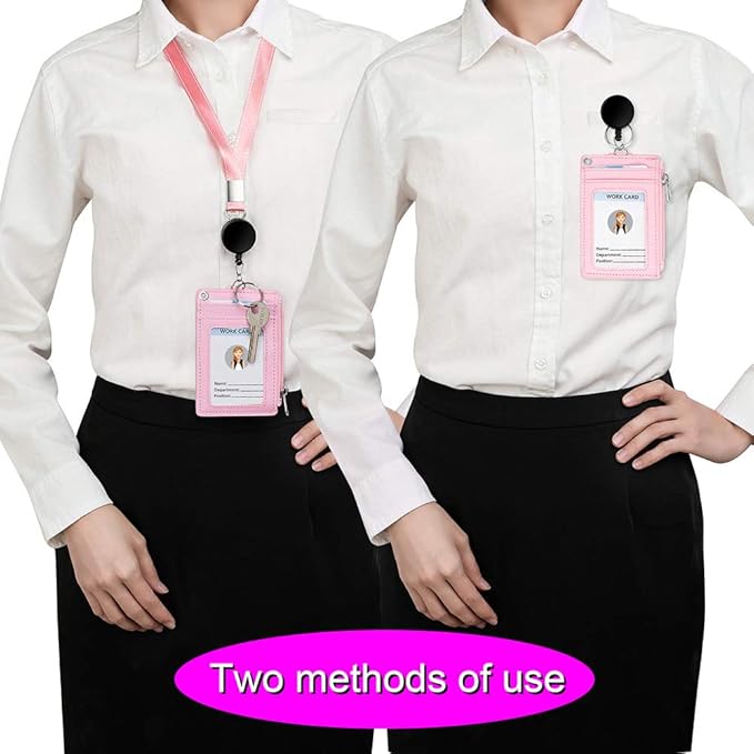 【2025 Latest】 Cute ID Badge Holder Retractable Lanyard Reel Clip with Heavy Duty Carabiner, 5 Card Slots in 2 Sided with Key Ring and Zipper for Students Teens Boys Girls Office Staff Women (Pink)