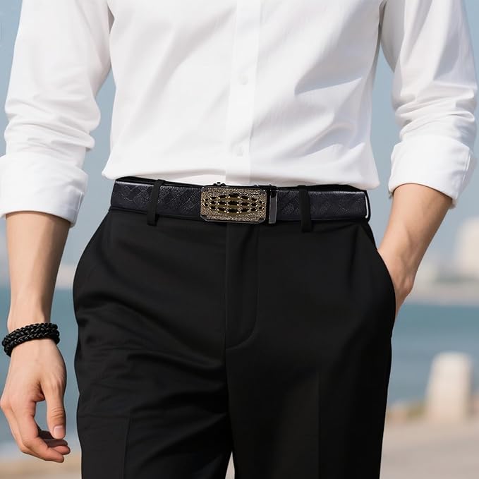 Barry.Wang Mens Belts Leather Ratchet Automatic Buckle Slide Click 1 3/8" Designer Dress Fashion Classic Casual Work Business