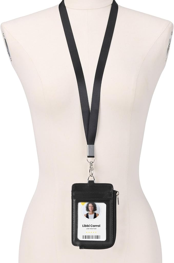 Badge Holder-Genuine Leather ID Badge Holder with Zipper Pocket and Nylon Lanyard – Perfect for Badges, Cards, and More