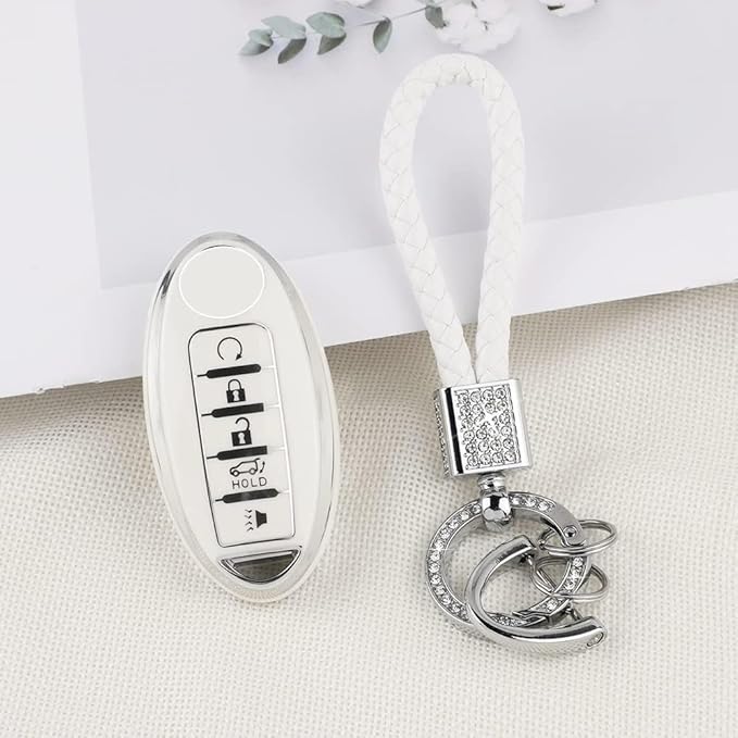 PIFOOG Car Key Cover for Nissan 5 Buttons Keys Fob Case TPU Bling Keychain for Nissan Altima Sentra Rogue Pathfinder Murano Armada Maxima Versa Girly Women White Silver