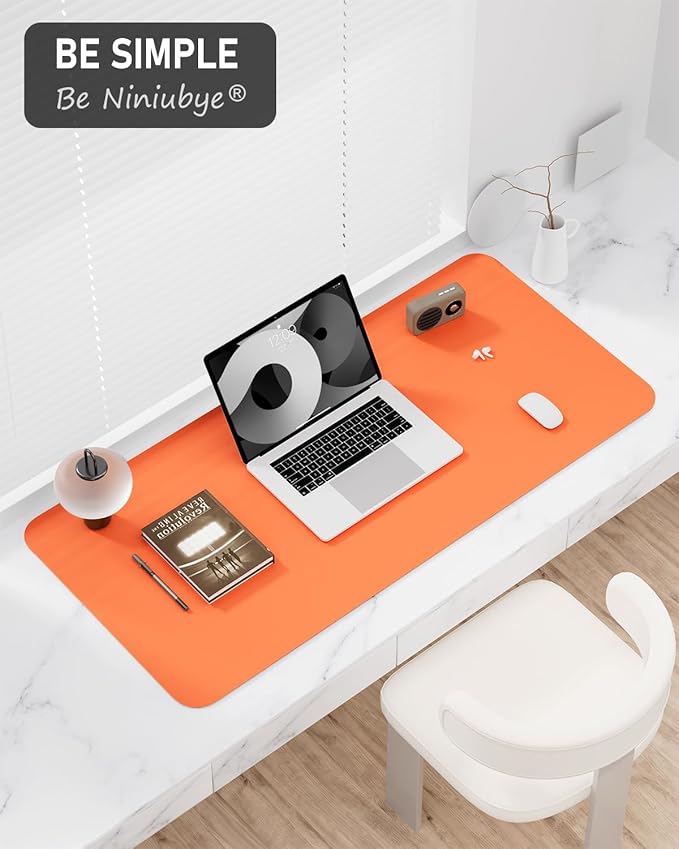 Desk Pad, 23.6" x 13.8" PU Leather Non-Slip Desk Mat Large Mouse Pad for Desktop, Waterproof Laptop Computer Writing Mat for Office, Home, Work, Gaming, Orange