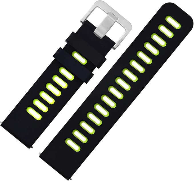 WOCCI 20mm Bicolor Watch Band, Silicone Rubber, Quick Release Replacement Strap for Men and Women, Silver Stainless Steel Buckle (Black-Spring Green)