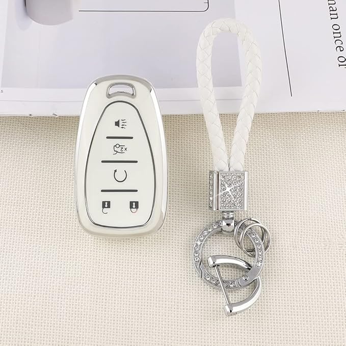 PIFOOG Key Fob Cover for Chvy Keychain Bling White Silver TPU 5 Button Car Keys Case Shell Protector for Equinox Traverse Blazer Trailblazer Malibu Camaro Spark Women Girly
