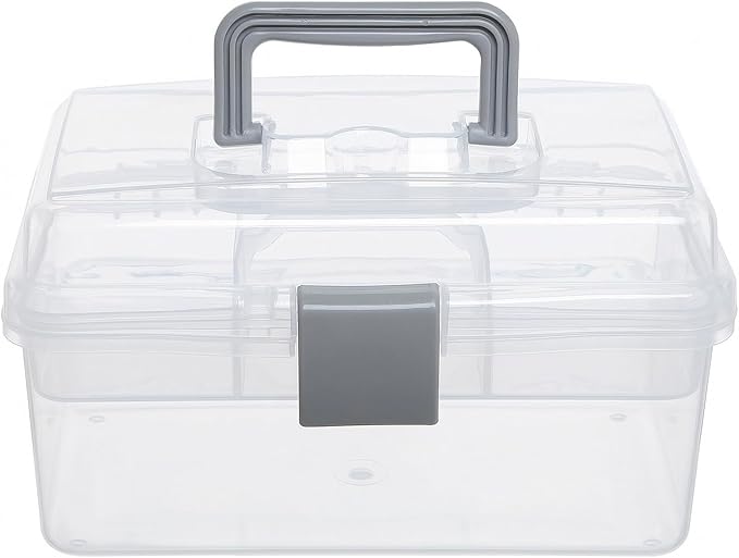 MyGift 10.2 Inch Transparent Plastic Empty Multipurpose Tackle Box with Gray Handle and Removable Tray for Tools, First Aid, Sewing Kit, Arts Crafts Supplies Storage