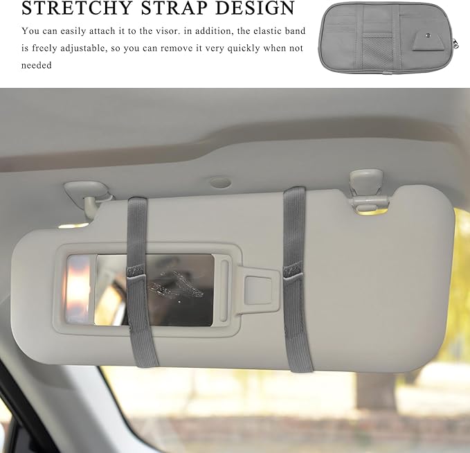 Car Sun Visor Organizer, Leather Multi-Pocket Visor Organizer Pouch with Double Zippers Net, Sunglass Holder Storage Pocket for License Pen Key Card Registration Document (Gray)