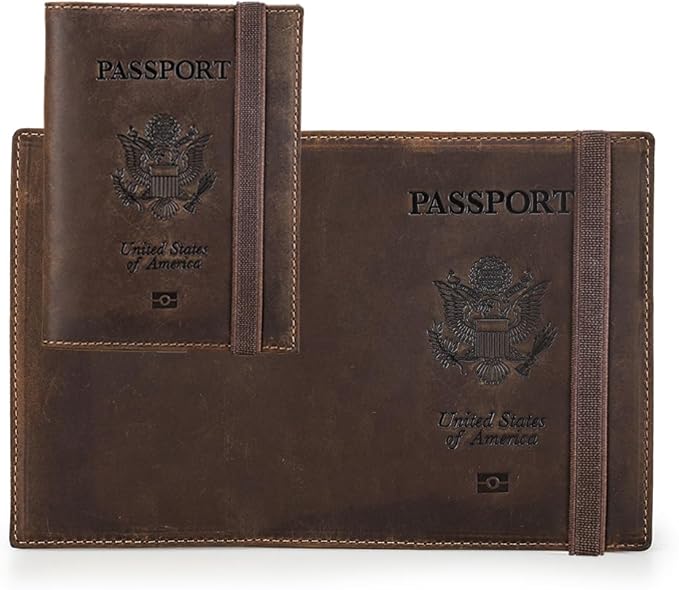 CONTACTS Full Grain Leather Passport Holder for 2 RFID Blocking Travel Passport Wallet Compatible with Airtag Passport Cover Case for 2 Passports, 5 Card Slots with Logo