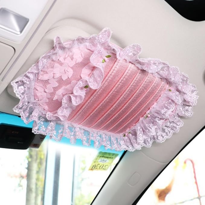 Plush Lace Vehicle Sun Visor Organizer Clip,Cute CD Holder Storage Case, Multifunctional Auto Card Sleeve Pocket Bag, Universal for Car (6)