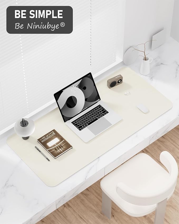 Desk Pad, 30" x 14" PU Leather Non-Slip Desk Mat Large Mouse Pad for Desktop, Waterproof Laptop Computer Writing Mat for Office, Home, Work, Gaming, Ivory White