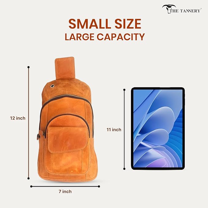 The Tannery Handmade Buffalo Leather Multipurpose Travel Hiking Crossbody Chest Backpack with Adjustable Shoulder Strap, Thanks Giving (Camel Brown, Small)