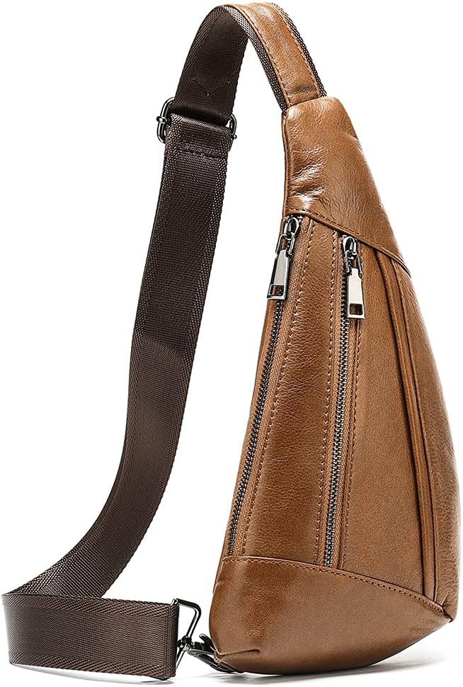 Hebetag Leather Crossbody Sling Bag for Men Women Single Shoulder Chest Pack Backpack Outdoor Travel Camping Casual Daypack Brown