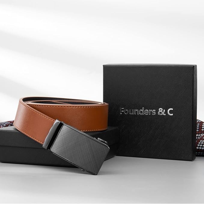 Founders & C Men's Ratchet Belt 1 3/8",Leather Dress Belt Adjustable with Click Sliding Buckle Trim to Exact Fit