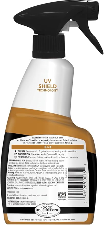 Weiman Leather Cleaner & Conditioner - Cleans, Restores & Protects Leather, UV Protection Prevent Cracking & Fading, For Car Seats, Sofas, Shoes, Bags & All Finished Leather Surfaces, 1 Pack, 12 Fl Oz