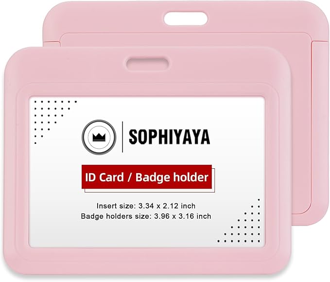 2 Pack Sliding Horizontal Badge Holder Hard Plastic Key Card Work Badge Sleeve for Office School Factory Teacher Student (Pink)