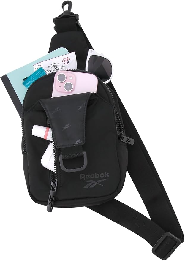 Reebok Unisex Crossbody Sling Bags – Compact Convertible Strap Cross Body Bag Travel Sling Bag - Gym & Travel Essential, Berry Black