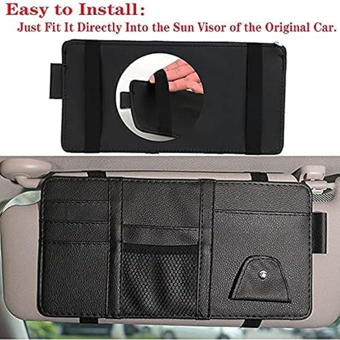 Black Leather Car Sun Visor Organizer, Sunglasses Holder for Car Sun Visor, Auto Visor Storage Document Holder with Multi Pocket