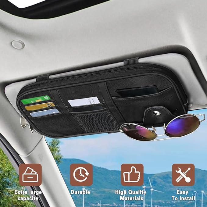Car Sun Visor Organizer, Sunglasses Holders for Car Sun Visor, Storage Travel Document Holder with Multi Pocket Net Zipper, PU Auto Interior Accessories Universal for Car SUV Truck