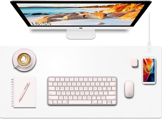 Desk Mat with Wireless Charging, White Mouse Pad with Wireless Charger, Desk Pad Matt for Desktop, Mousepad Gaming Large Mouse Pad, Leather Compute for Keyboard and Mouse, 32" x 16"