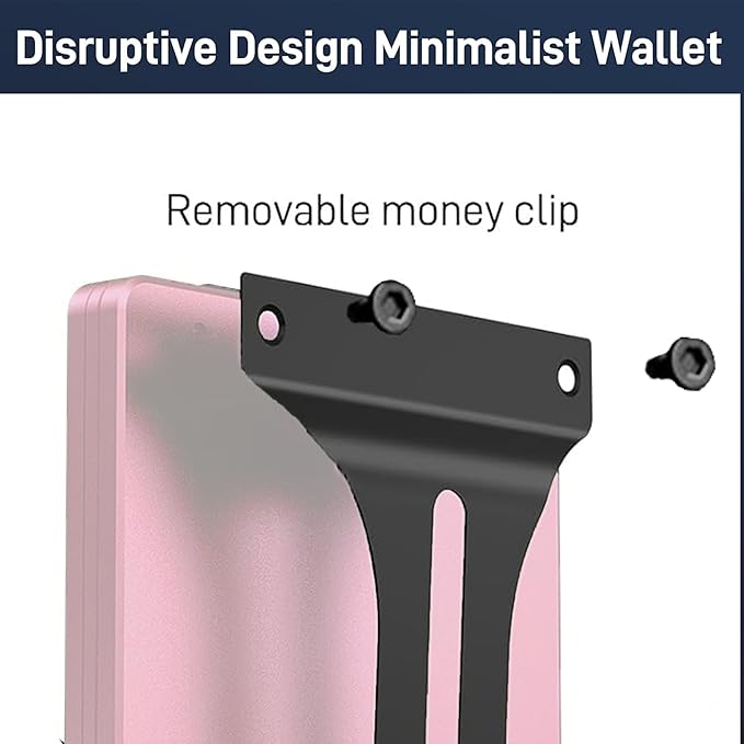 Minimalist Carbon Fiber Wallet for Men, Money Clip Cash Strap Wallet, RFID Blocking Metal Wallet Aluminum Card Holder,Front Pocket Wallet(Matte Pink)