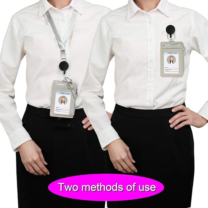 【2025 Latest】 Cute ID Badge Holder Retractable Lanyard Reel Clip with Heavy Duty Carabiner, 5 Card Slots in 2 Sided with Key Ring and Zipper for Students Teens Boys Girls Office Staff Women (Grey)