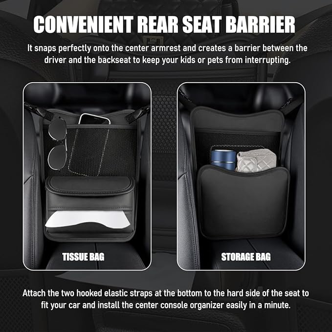 Car Organizer Storage Between Seats, Nappa Leather Front Seat Storage Bag with Tissue Holder, Automotive Console Hanging Net Pocket Handbag Holder for Phone Document (Black)