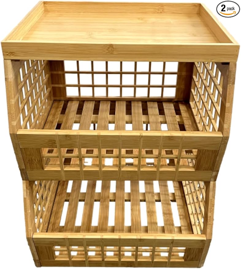 Bamboo Storage Bin - Large Multipurpose, Stackable Open Front Storage Bin with Bamboo Tray Lid for Kitchen & Pantry - Stylish Lattice Design - Set of 2
