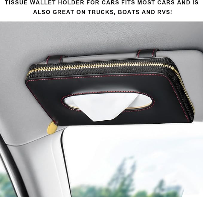 Car Tissue Holder, Sun Visor Napkin Box Premium PU Leather Tissue Case with Zipper, Rectangular Hanging Paper Organizer Mask Dispenser for Sedans SUVs Trucks, Car Accessories (Black)