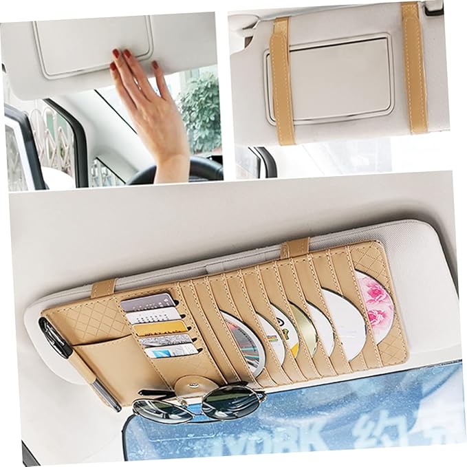 Mobestech Multi-Functional Sun Visor Leather Organizer Bag for Car Cd Holder Storage for Pens Cards and Booklets Stylish Beige Design for Easy Access and Enhanced Vehicle Decor
