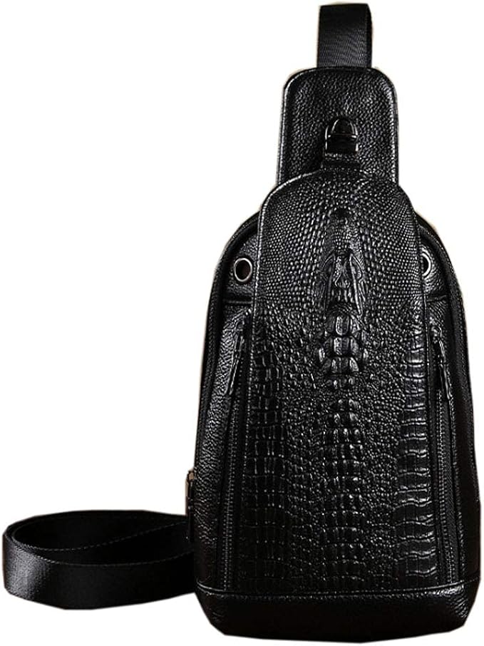 Hebetag Crocodile Genuine Leather Sling Chest Bag for Men&Women Travel Outdoor Hunting Hiking Camping Crossbody Shoulder Pack Pouch Backpack Daypack Black