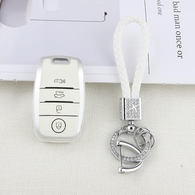 PIFOOG White Key Fob Cover for Kia Niro Forte Optima Sorento Rio Soul Sportage Accessories Soft TPU Car Keys Shells Cases 4 Button Full Covers Protector Keychain Girly Women