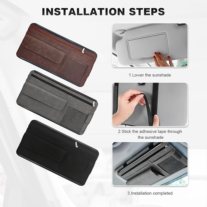 Sun Walker Car Sun Visor Organizer, Suede Leather Visor Storage Pouch Holder with Net Zipper, Multi-Pocket Vehicle Sunshade Organizer for Eyeglasses Card License Registration (Gray)