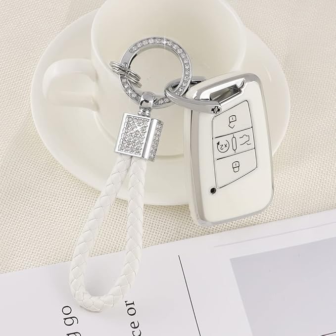 PIFOOG Key Fob Cover for VW Soft TPU 4 Button Keys Case Shell Protector Glitter Keychain Car Accessories for Volkswagen Jetta Tiguan Atlas Arteon Taos Girly Cute White Gold