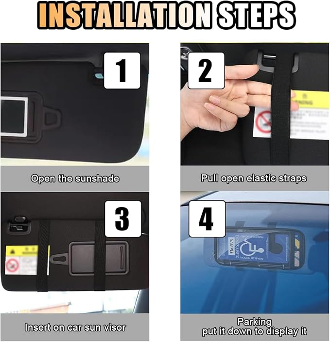 JOYCOURT Handicap Placard Holder for Car, Disabled Parking Permit Sign Protector, Car Interior Sun Visor Storage Clip with Pen Holder, Note Paper Slot, Elastic Strap