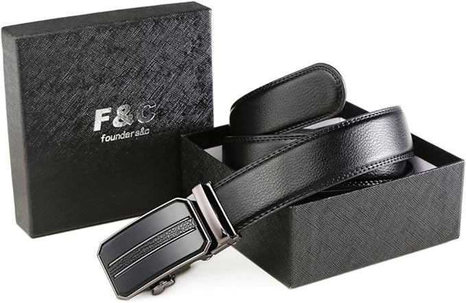 Founders & C Men's Leather Ratchet Comfort Click Belt Dress with Slide Buckle -Adjustable Trim to Fit