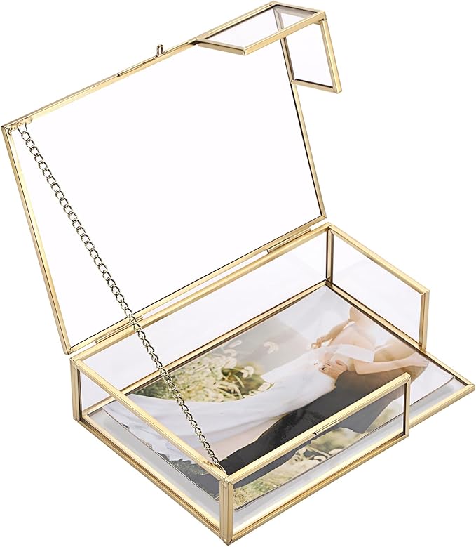 Hipiwe Gold Glass Photo Box,Vintage Photo Storage Organizer, Trinket Box Jewelry Display Organizer Keepsake Box Case Home Decor (Small)