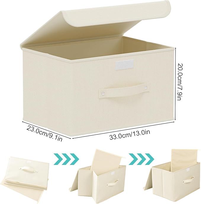 Fabric Storage Bins Cube Organizers with Flip-Top Lid and Handles,Storage Boxes for Organizing Home,Office,and Closet,Beige,3 Pack 13X9.1X7.9 in
