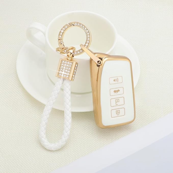 PIFOOG for Lexus Key Fob Cover White Gold Soft TPU 4 Button Car Keys Case Shell Full Protector Bling Keychain for Lexus NX RX GS IS ES LS RC Smart Keys Accessories Girly Women Cute