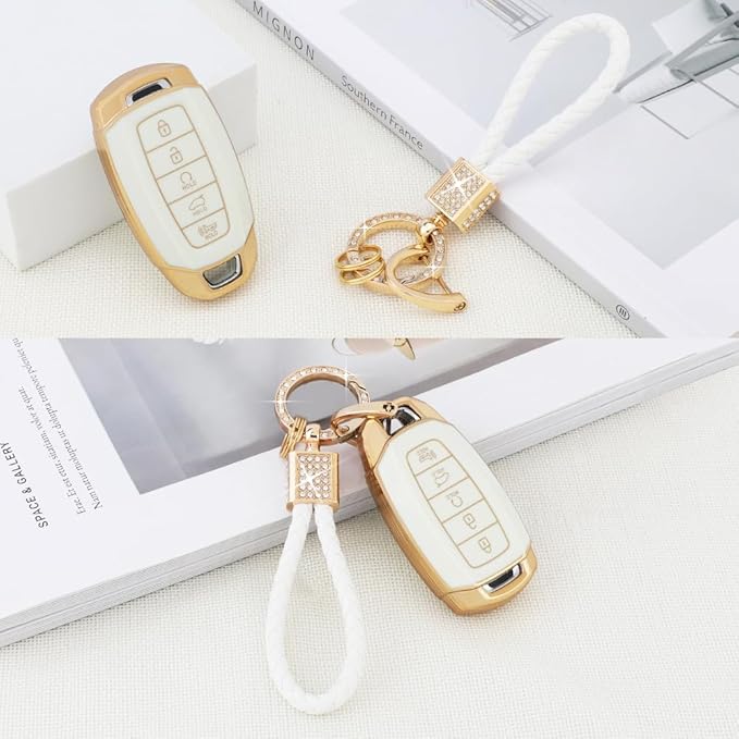 PIFOOG for Elantra Key Fob Cover Palisade 2023 2022 2021 2020 5 Buttons Car Keys Case Shell Protector Holder Glittering Keychain Accessories Girly Women Cute TPU Gold White