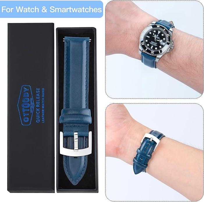 OTTOODY Leather Watch Bands Quick Release, Elegant Top Grain Leather Watch Straps for Men & Women, Choice of Color & Width - 18mm, 19mm, 20mm, 21mm or 22mm Wristbands Bracelet for Watch & Smartwatch