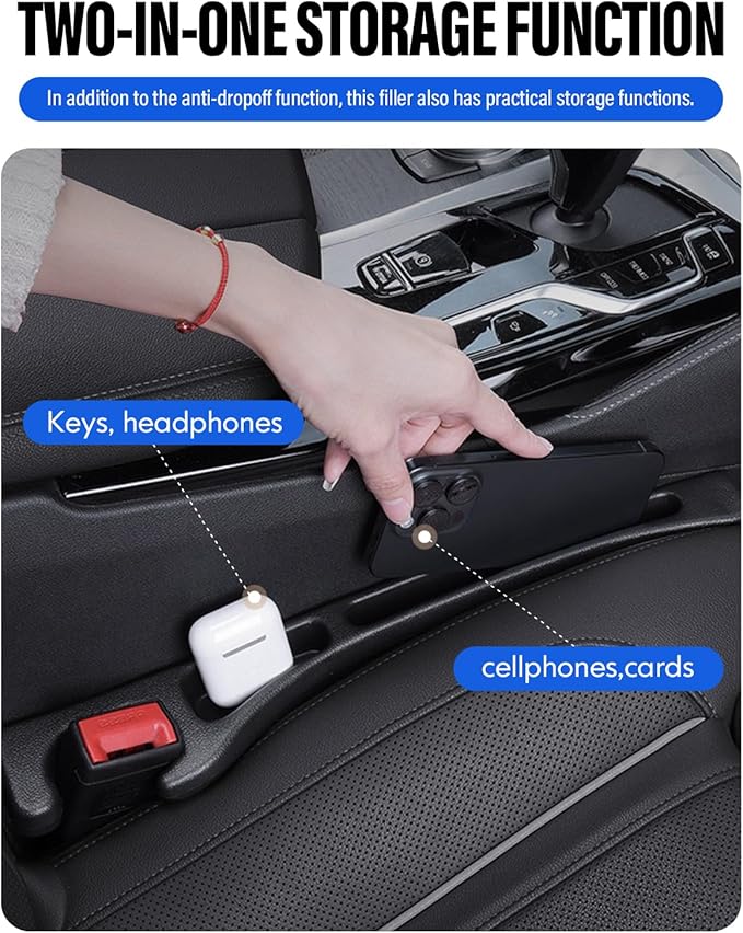 Car Seat Gap Filler, 2 Pack No-Drop Seat Side Gap Seam Filler Organizer with Phone Holder, Universal Fit Fill The Gap Between Seat and Console, Perfect for Car SUV Truck Black